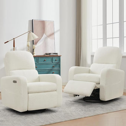 Power Swivel Rocker Recliner, Oversized Boucle Nursery Glider Recliner, Teddy Swivel Rocking Reclining Chair with Removable Cushion and Lumbar Support for Nursery Living Room Bedroom, White