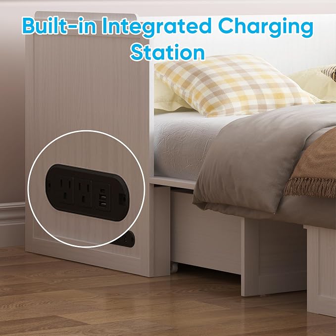 Mjkone Murphy Bed, Queen Hidden Cabinet Bed with Built-in USB Charging Station and 2 Storage Drawers, Murphy Wall Beds Cabinet Beds for Living Room, Guest Room, Apartment, White (No Mattress)