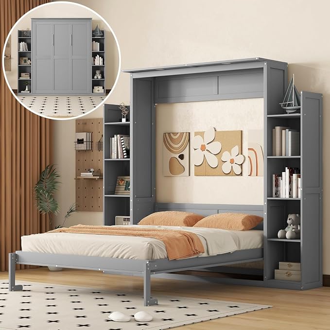MERITLINE Queen Murphy Bed with Storage and LED Lights, Wood Grey Murphy Wall Bed Cabinet with Shelves Bookcase Bookshelf for Adults (Grey,Queen)