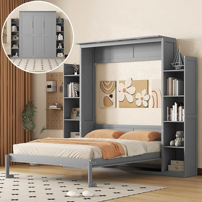 MERITLINE Queen Murphy Bed with Storage and LED Lights, Wood Grey Murphy Wall Bed Cabinet with Shelves Bookcase Bookshelf for Adults (Grey,Queen)