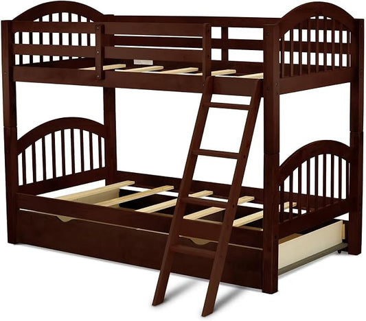 East West Furniture VEB-08-TU Solid Wood Bunk Beds Twin Over Twin with Guard Rail and Trundle, Java Finish