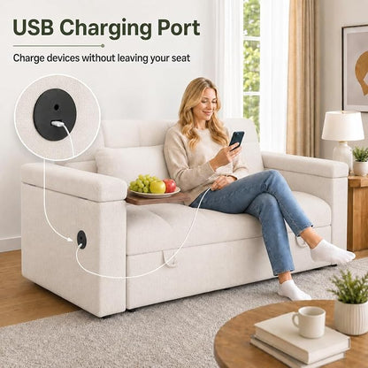 65'' Sleeper Sofa Bed, Pull Out Couch with Side Table | USB Charging Port | Adjustable Backrest | Chenille Fabric, Convertible Loveseat for Living Room, Apartment, Small Spaces (Beige)