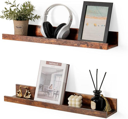 Muzilife 24" Small Floating Wall Ledge Shelves with Lip - Set of 2 Wood Floating Shelves - Walnut Brown Wall Mounted Picture Ledge for Office, Bathroom, Bedroom, Living Room, Kitchen