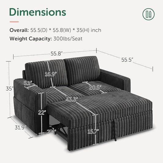 HONBAY Modular Pull Out Sofa Bed,Corduroy Loveseat, Couches for Living Room,Dark Grey