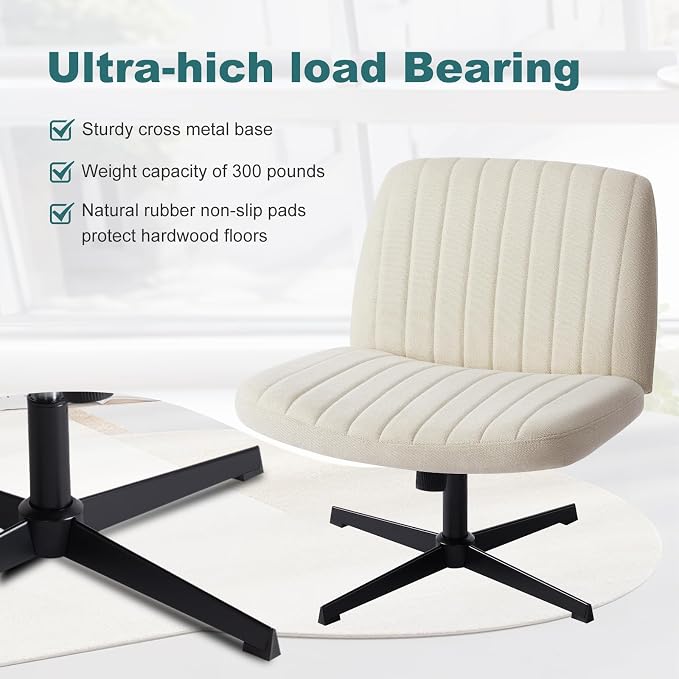 OLIXIS Criss Cross Legged Chairs Armless No Wheels Wide Seat Height Adjustable Swivel Padded Fabric Home Office Desk Chair for Bedroom, Student, Study Room,Beige