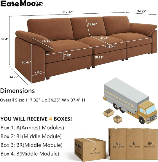 EASE MOOSE Brown Sectional Modular Sofa, Comfty 3 Seat Cloud Couch, Modern Deep Seat Sectional for Living Room