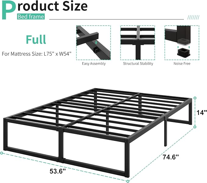 Lutown-Teen 14 Inch Full Size Bed Frame No Box Spring Needed, Heavy Duty Metal Platform Beds with Sturdy Steal Slats for Mattress Foundation, Easy Assembly, Noise Free, Black