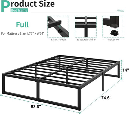 Lutown-Teen 14 Inch Full Size Bed Frame No Box Spring Needed, Heavy Duty Metal Platform Beds with Sturdy Steal Slats for Mattress Foundation, Easy Assembly, Noise Free, Black