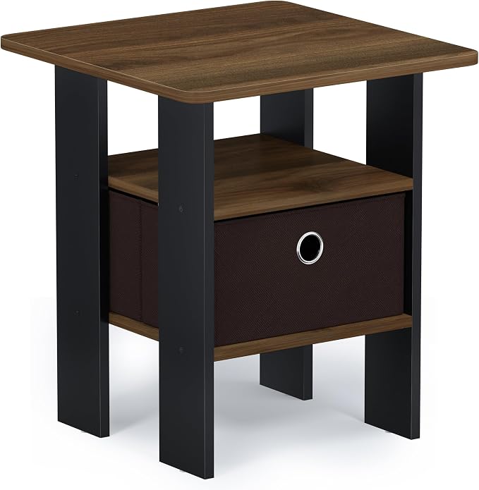 Furinno TIDUR 3-Tier Night Stand, Nightstand with Bin, Columbia Walnut | Open Shelf Design, Bedside Table, End Table, Side Table for Bedroom, Living Room