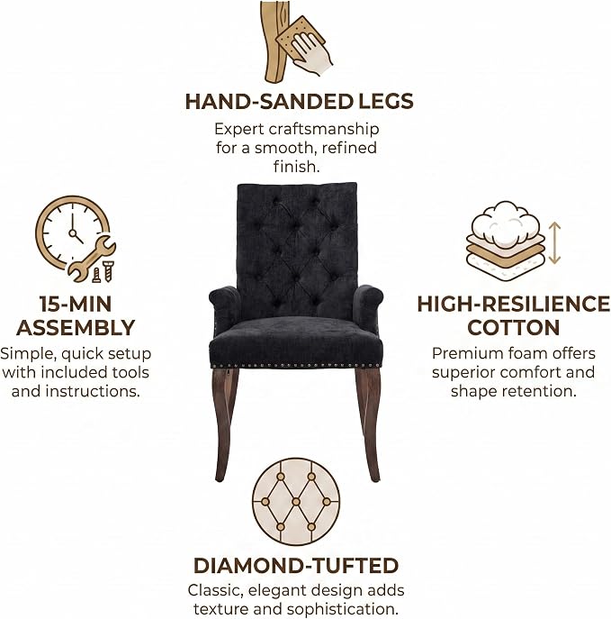 Upholstered Dining Chairs with Arms Set of 4, Black, 4 Pack | Tufted Chenille Kitchen Chairs with Arms, Modern Farmhouse Armchair with Nailhead Trim for Dining Room, Home Office