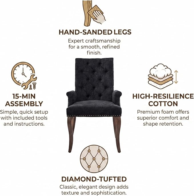 Upholstered Dining Chairs with Arms Set of 2, Black, 2 Pack | Tufted Chenille Kitchen Chairs with Arms, Modern Farmhouse Armchair with Nailhead Trim for Dining Room, Home Office