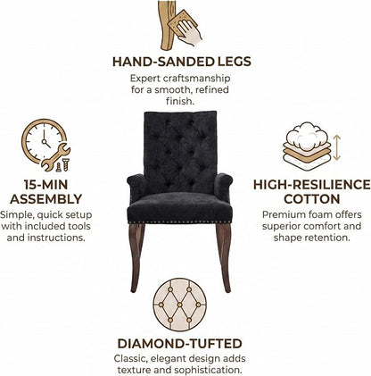 Upholstered Dining Chairs with Arms Set of 6, Black, 6 Pack | Tufted Chenille Kitchen Chairs with Arms, Modern Farmhouse Armchair with Nailhead Trim for Dining Room, Home Office