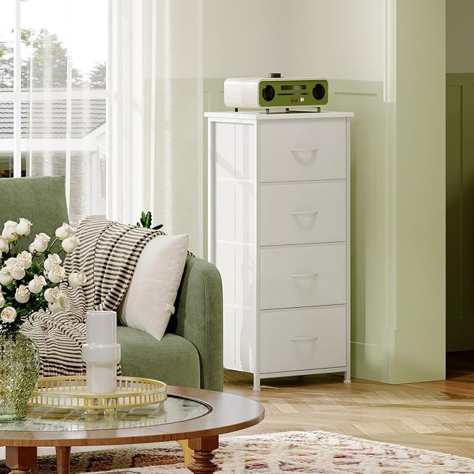 Somdot Dresser for Bedroom with 4 Drawers, Storage Organizer Chest of Drawers with Removable Fabric Bins for Closet Bedside Living Room Laundry Entryway Hallway, White Leather