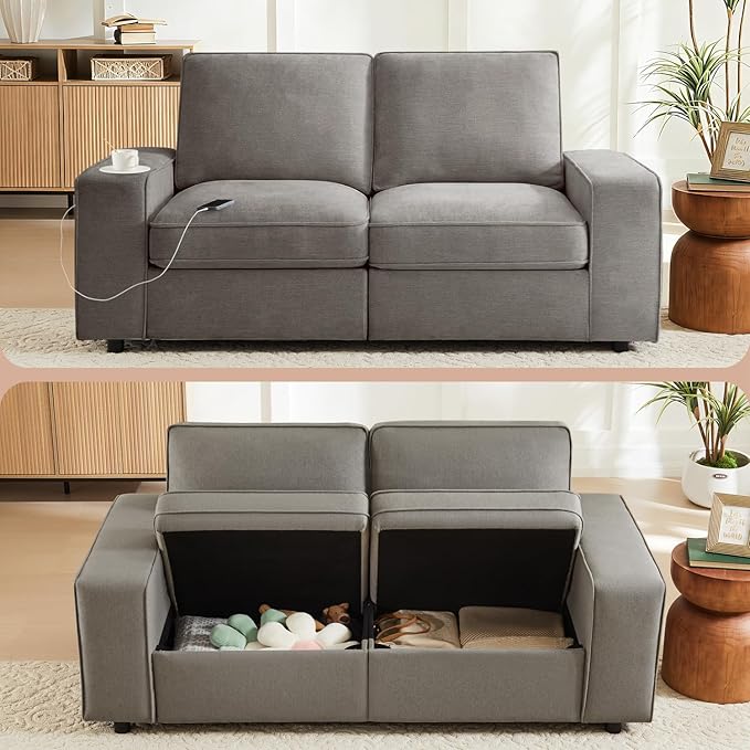 Waxberry 71" Chenille Loveseat Sofa Couch for Living Room with Seat Storage, Modern 2-Seater Deep Seat Sofa with Side Pockets & Type-C/USB Ports, Detachable Backrest for Office, Apartment (Grey)