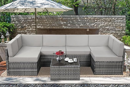 U-MAX 7 Piece Outdoor Patio Furniture Set, PE Rattan Outdoor Wicker Sectional Furniture Chair Set with Cushions and Tea Table, Grey Rattan and Grey Cushion