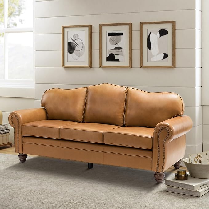 81" Genuine Leather Sofa, Classic 3-Seater Couchs with Wood Legs, Stylish & Comfortable Sofa for Living Room or Office, Easy Assembly and Maintain & Long-Lasting, Camel