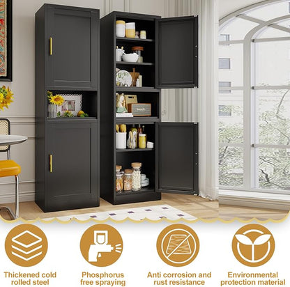 67" H Metal Tall Narrow Storage Cabinet, Freestanding Floor Cabinet with 2 Doors and Adjustable Shelves, Pantry Storage Cabinets for Bathroom, Living Room, Entryway and Kitchen (Black)