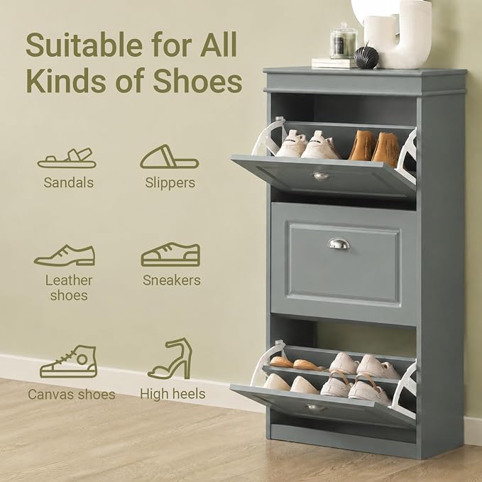 Haotian FSR94-HG, Grey Shoe Storage Cabinet with 3 Flip Drawers, Freestanding Shoe Rack, Shoe Storage Cupboard Organizer(9.4" D x 20.9" W x 46.1" H)