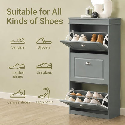 Haotian FSR94-HG, Grey Shoe Storage Cabinet with 3 Flip Drawers, Freestanding Shoe Rack, Shoe Storage Cupboard Organizer(9.4" D x 20.9" W x 46.1" H)