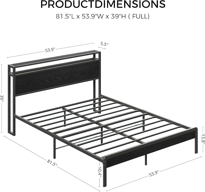 LIKIMIO Full Bed Frame with Headboard, Dark Wood Camas Full with Strong Supports, Sturdy, Noise-Free, No Box Spring Needed, Black