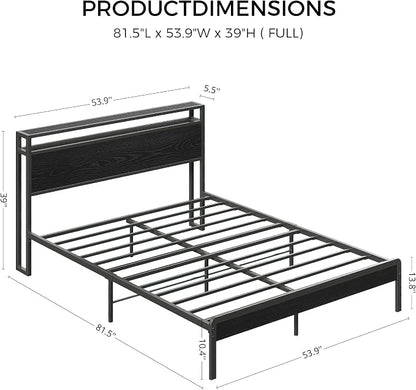 LIKIMIO Full Bed Frame with Headboard, Dark Wood Camas Full with Strong Supports, Sturdy, Noise-Free, No Box Spring Needed, Black