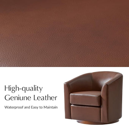 HULALA HOME Genuine Leather Swivel Barrel Chairs Set of 2, Round Swivel Accent Chairs with Solid Wood Base, Leather Barrel Accent Chair for Living Room, No Assembly Required, Brown