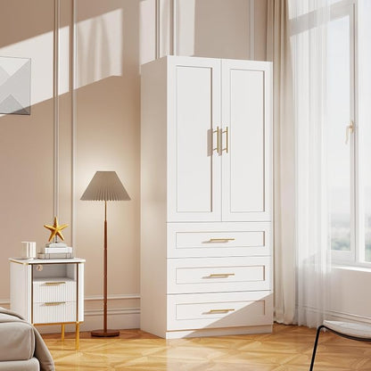 White Wardrobe with 2 Doors: 75" Tall Armoire Wardrobe Closet with 3 Drawers, Bedroom Armoires for Hanging Clothes, Wooden Closet Storage Cabinet with Shelves (Modern, 1)