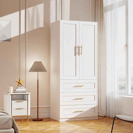 White Wardrobe with 2 Doors: 75" Tall Armoire Wardrobe Closet with 3 Drawers, Bedroom Armoires for Hanging Clothes, Wooden Closet Storage Cabinet with Shelves (Modern, 1)