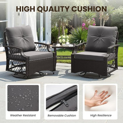 3-Piece Patio Furniture Set, Wicker Outdoor Bistro Set Swivel Glider Patio Chairs x 2 with Cushions, High Back All-Weather Rattan Outdoor Furniture for Porch, Backyard (Grey + Wicker)