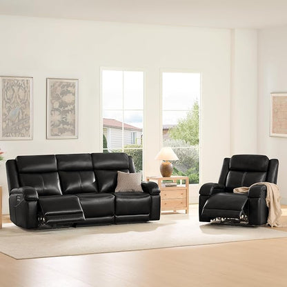 Watson & Whitely Power Reclining Sofa and Loveseat Sets, Genuine Leather Sofa Recliner Couch Set with Power Headrest, Storage Console, USB Ports, Cup Holders, Living Room Furniture Set, Black