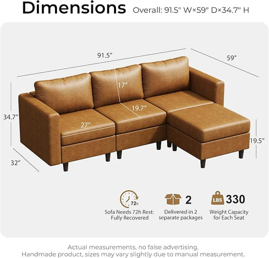 ABCASA Faux Leather Modular Sectional Sofa, 91.5" L Shaped Couch Set for Living Room, 3-Seater Comfy Cloud Couches with Movable Storage Ottoman,DIY Combination - Brown
