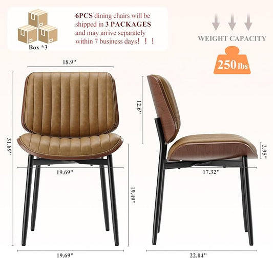 MALOL Leather Dining Chairs Set of 6, Modern Upholstered Dining Room Kitchen Chairs with Metal Legs and Wooden Back Support for Home Dining Room/Restaurant, Light Brown