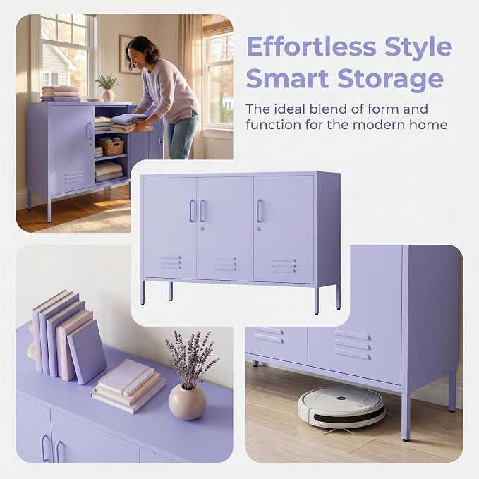 Purple Metal Storage Cabinet 3 Door Wide Metal Storage Cabinet 2 Layer Adjustable Shelves 32 "H Wide Steel Lockable Storage Cabinet Multipurpose Metal Accent Cabinet for Office/Home/Dining