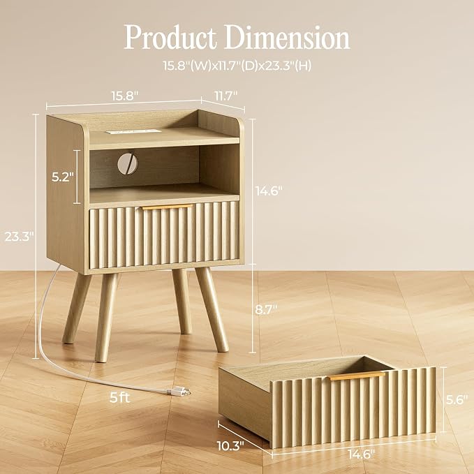 Huuger Nightstand with Charging Station, USB-C Port, Fluted Night Stand with Drawer, Bed Side Table with Solid Wood Feet, Open Storage, End Table with Raised Edge, for Bedroom, Natural