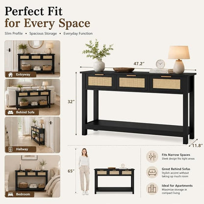 Entryway Table with 3 Drawers, Boho Rattan Console Table with Storage Shelf | Narrow Sofa Table Behind Couch for Hallway, Foyer & Living Room, 47" Wood Accent Table, Easy Assembly, Anti-Tip, Modern Black