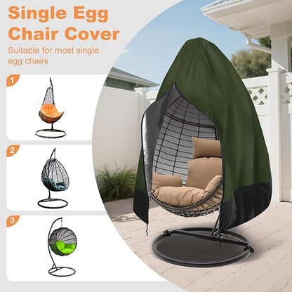 Egg Chair Cover Waterproof, 75x45 Inch Outdoor Hanging Egg Swing Chair Cover, Heavy Duty 420D Oxford Fabric, UV Resistant Windproof with Zipper & Drawstring, Fits Single Seat Egg Chair (Army Green)