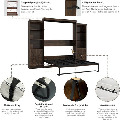 Hlivelood Queen Size Murphy Bed w/2 Storage Cabinet&2 LED Light, Farmhouse Wood Hidden Foldable Wall Bed Frame, Storage Bed Cabinet for Bedroom, Office, Space-Saving, No Box Spring Needed, Brown