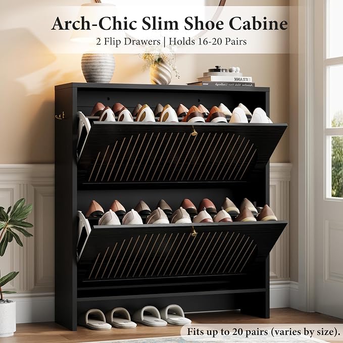 Nicetree Shoe Cabinet Storage for Entryway, Narrow Shoe Rack 2 Flip Drawers with 3-Level Adjustable Shelves, 9.5" Slim Cabinet for Small Spaces, Midnight Black Wood Storage Cabinets Fits Size 13.5