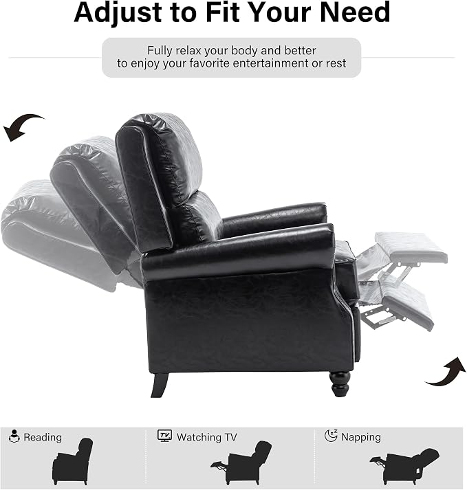 Faux Leather Recliner Chair, Modern Pushback Armchair with Adjustable Backrest & Footrest for Bedroom, Living Room (Black,Set of 1)