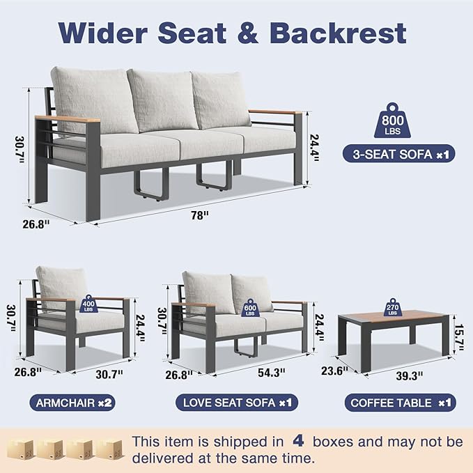 Aoxun Aluminum Patio Furniture Set 7 Seats, Oversized Outdoor Sectional with Washable Thick Cushions, Coffee Table, Patio Conversation Sets for Porch, Balcony, Deck