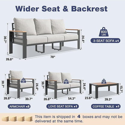 Aoxun Aluminum Patio Furniture Set 7 Seats, Oversized Outdoor Sectional with Washable Thick Cushions, Coffee Table, Patio Conversation Sets for Porch, Balcony, Deck