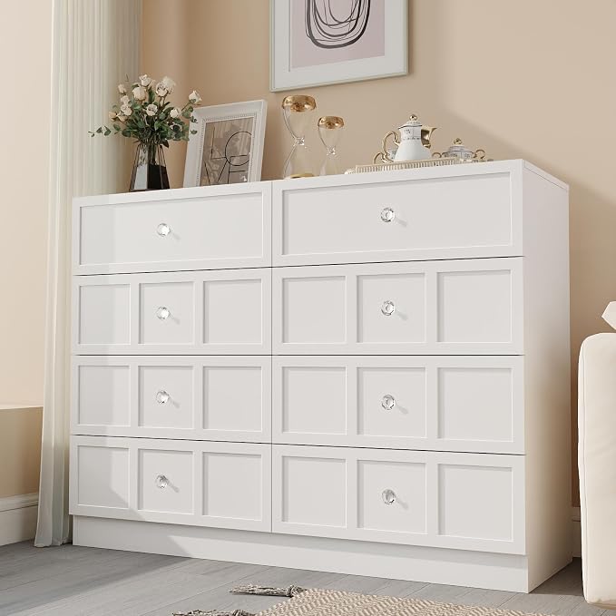 8 Drawer Dresser for Bedroom: 47" White Chest of Drawers with Deep Drawers, Tall Fluted Dresser with Storage, Modern Wood Dressers for Bedroom, Living Room
