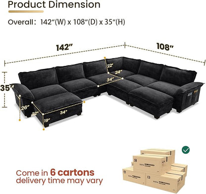 KKL Large J-Shaped Modular Sectional Sofa, 9 Seater Cloud Couch with Ottoman, Chenille Sectional Couches for Living Room, Apartment, Black