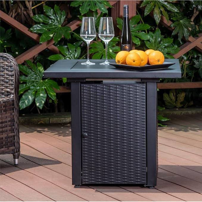 Hexago 28 Inch Propane Fire Pit, ETL Listed Outdoor Fire Pit Table, 50,000 BTU Steel Gas Fire Pits with Lid and Lava Rock, Add Warmth and Ambience to Parties On Patio Deck Garden,Black