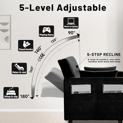 73" Queen Size Sofa Bed, Loveseat Sleeper Sofa with Pull Out Bed, 360° Swivel Table and USB, Modern 2 Seater Convertible Corduroy Couch for Living Room Bedroom Apartment, Black