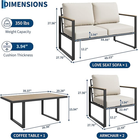 Outdoor Patio Furniture Set, 4-Piece Outdoor Conversation Sofa Set, Lawn Furniture with Coffee Table & Washable Thick Cushions,Seating Sofa for Garden, Deck, Backyard,Beige