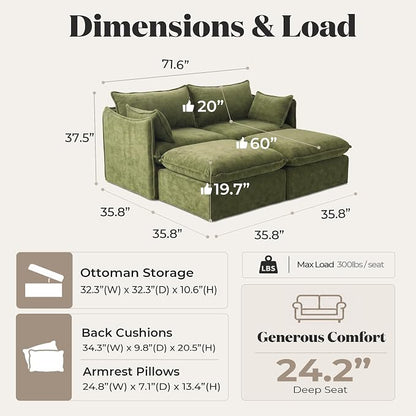 Cloud Modular Loveseat Lounge, Oversized Deep Seat, Luxe Chenille | Fully Removable Washable Covers, Memory Foam Seat Cushions, Storage Ottoman, Premium Fabric