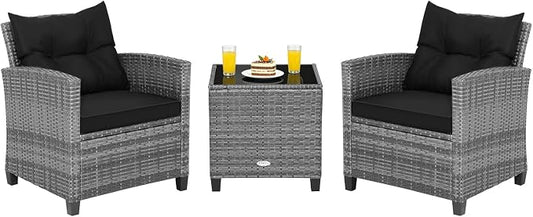 COSTWAY 3PCS Patio Furniture Set, PE Rattan Wicker Sofa w/Washable Cushion and Coffee Table, Tempered Glass Tabletop, Outdoor Conversation Set for Balcony, Porch, Yard, Backyard, Lawn, Black