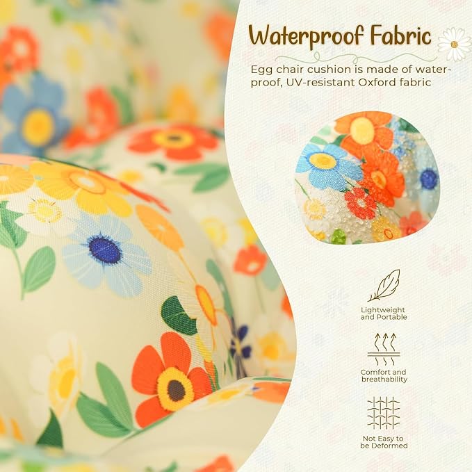 Double Egg Chair Cushion Replacement Waterproof for Outdoor Patio Hanging Basket Egg Chairs, 59x43-Inch Thickened 100% Cotton Large Double Eggs Swing Chair Cushions, Daisy