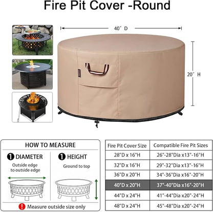 QH.HOME Fire Pit Cover Round-37-40 Inch Heavy Duty 900D Strong Tear-Resistant and UV Resistant and Waterproof and Fading Resistant Material Polyester Firepit Covers for Outdoor Fire Pit-Wheat